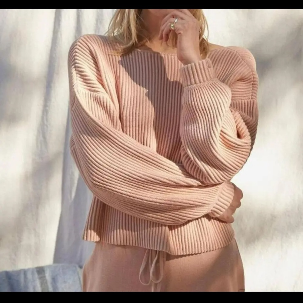 LUNYA Cozy Organic Cotton Silk Reversible Pullover, Tan, Size M